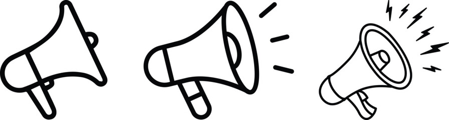 Megaphone icon collection with various styles and designs on a white background for effective communication.Four Black Silhouette Megaphone Icons on White Background bullhorn loudspeaker