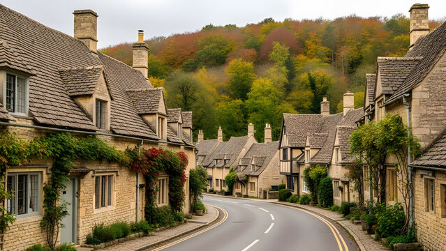 Picturesque Cotswold village street scene in autumn colors | Traditional English stone cottages with climbing ivy | Winding road through historic UK countryside architecture | Beautiful fall foliage