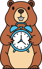 Cute bear holding a blue alarm clock smiling