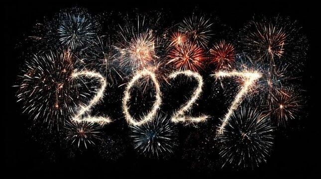 Felicitaci&oacute;n de a&ntilde;o nuevo de 2027, texto dibujado con bengalas y fuegos artificiales