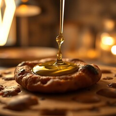 Obraz premium A drizzle of olive oil forming a delicate swirl on a crust, captured with a shallow depth of field and warm, ambient light, swirl, minimalist