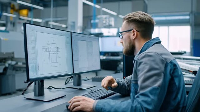 Engineer monitoring AIdriven software on computer screen that detects flaws and guarantees perfect final castings in modern quality control.