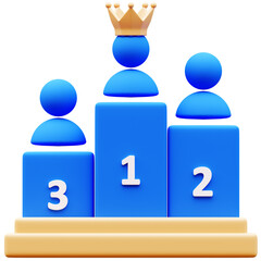 3D Illustration of Podium with Figures. First place with crown. Competition, winning, success, achievement, leadership, ranking, sport, business, award concept.