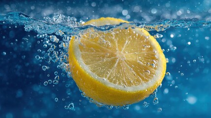 Splash of sliced lemon with water drops over blue background