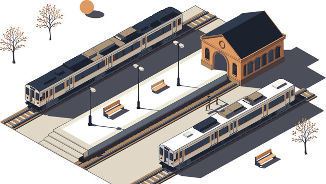 Isometric train station illustration with modern tram platform urban transport infrastructure city railway travel concept detailed 3d design
