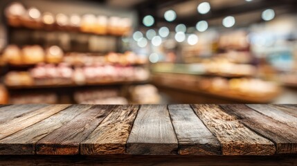 Wooden board empty table background. abstract blurred bakery shop background