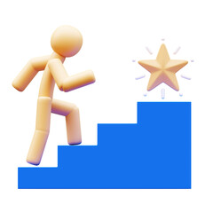 3D Illustration of a stick figure climbing blue stairs towards a shining golden star, representing achievement, ambition, career growth, and success.