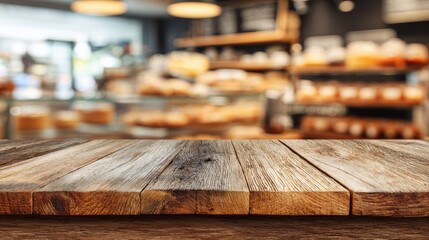 Wooden board empty table background. abstract blurred bakery shop background