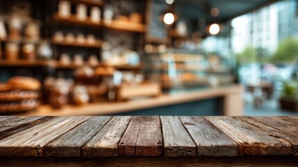 Wooden board empty table background. abstract blurred bakery shop background