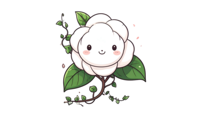Adorable cartoon white flower with a happy face, green leaves, and vine