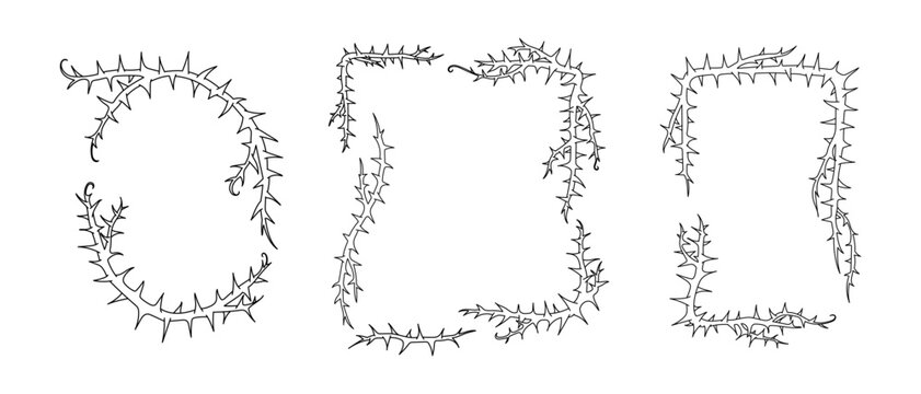 Thorn vine frames and borders vector set. Black twisted thorn branches, barbed stems, creepy patterns. Isolated design elements for tattoos, gothic art, religious symbols.