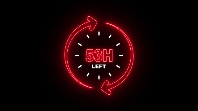 Neon Countdown Timer with 53 Hours Left on Black Background, Limited Time and Urgency Concept