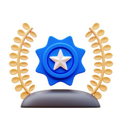 3D Illustration of Blue Star Award Badge with Laurel Wreath on a Podium, symbol of achievement, excellence, recognition, and quality. Isolated on white background.