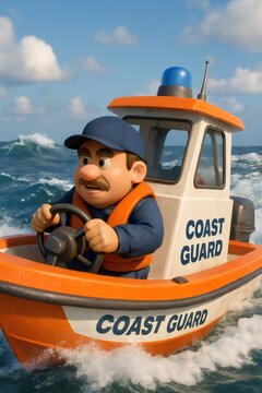 Claymation style character, wearing life vest and cap, navigating a Coast Guard boat through ocean waves. Rescue and service concept