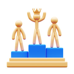 3D Illustration of Podium with Figures. First place winner with a crown. Success, leadership, competition, achievement, award, victory, challenge concept