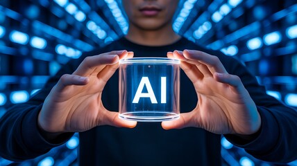 Human hands holding glowing ai symbol in digital environment