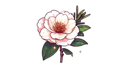 Delicate floral illustration of a white blooming flower and green foliage on a black backdrop