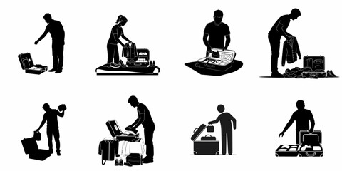 Black silhouettes of people packing and unpacking luggage, organizing clothing and essentials for travel, vacation, or business trip preparation icons.