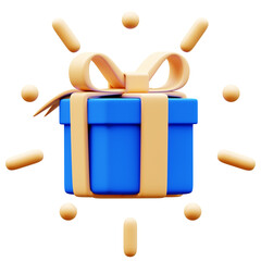 3D Illustration of a bright blue gift box with a cream-colored ribbon and light shapes around it, symbolizing a special occasion or surprise.
