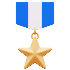 3D Illustration of a gold star medal with blue and white ribbon, isolated on white background. Award, achievement, success, victory, honor, reward, recognition.