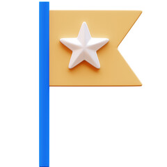 3D Illustration of a beige flag with a white star on a blue pole. Symbol of achievement, success, and marking a location. 3D rendering.