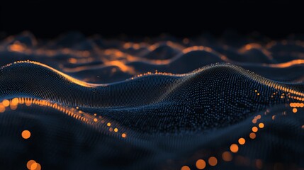 An abstract digital wave with glowing orange particles flowing through a dark futuristic background