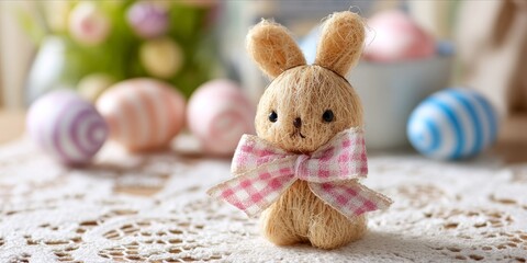 Adorable handmade straw Easter bunny with pink bow on lace tablecloth background