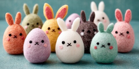 Group of cute colorful needle felted Easter bunny and egg characters on turquoise background