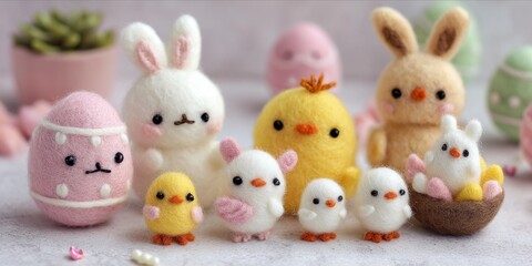 Adorable collection of needle felted Easter bunnies chicks and eggs in pastel colors for spring holiday decoration