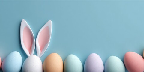 Easter bunny ears behind white egg with colorful pastel eggs on blue background