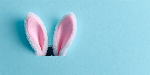 Cute white fluffy bunny ears peaking through torn blue paper hole with copy space