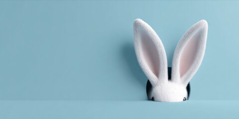 Creative Easter background with rabbit ears popping out from blue hole for surprise concept