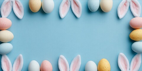 Minimalist Easter background with rabbit ears and row of colorful eggs and copy space