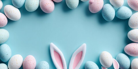 Modern Easter banner with pastel eggs and rabbit ears on soft blue texture