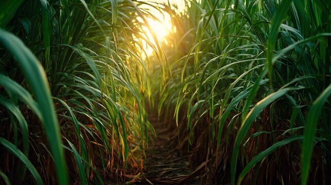 Tall green sugarcane stalks in a dense field with golden sunlight streaming through translucent leaves creating a warm and bright lens flare.