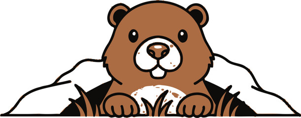 Cute cartoon bear emerging from snowy ground in springtime