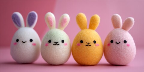 Row of four cute needle felted Easter bunny eggs on pink background
