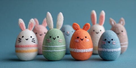 Minimalist Easter decoration with colorful handmade wool rabbit eggs in a row