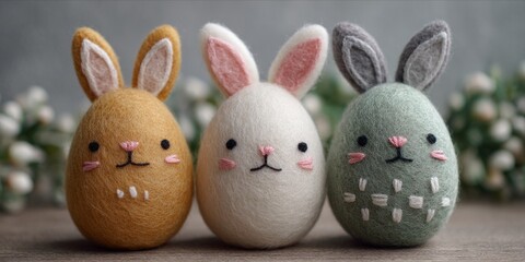 Sweet pastel Easter bunny characters made of needle felt on soft pink surface