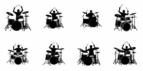Dynamic Black Drummer Silhouettes Set Vector Illustration: A Collection of Eight Musicians Playing Drum Kits in Live Performance Poses