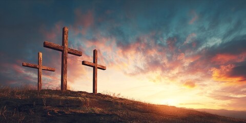 Dramatic spiritual landscape with three crosses and god light shining through clouds