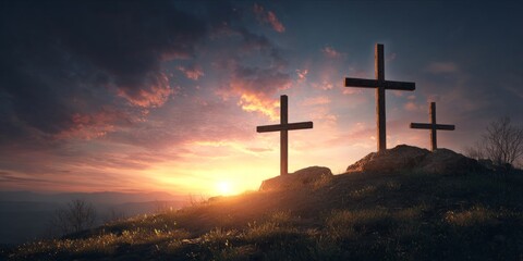 Resurrection and crucifixion concept with christian crosses under dramatic cloudy sky