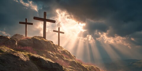 Symbol of faith and sacrifice with three crosses on hill at dusk for religious design