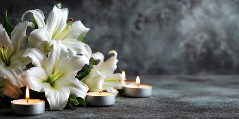 Elegant floral arrangement with candles on moody grey background for memorial service