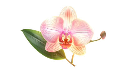 Digital illustration of a delicate orchid with pink and peach petals, green leaf, and bud