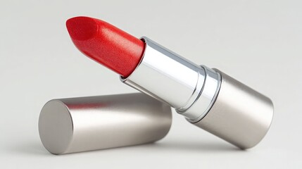 Modern Red Lipstick in Sleek Silver and Champagne Metallic Tube