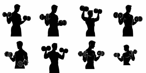 Set of eight black silhouettes depicting a muscular man performing various dumbbell exercises for fitness, strength training, and bodybuilding.