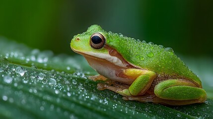 Obraz premium Close-up macro shot of a vibrant green tree frog resting on a wet green leaf with water droplets glistening against a soft green background.