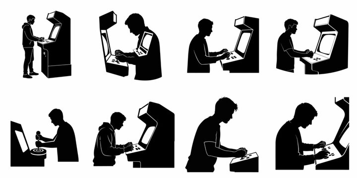 Vector silhouette set of people playing classic retro arcade machines, featuring various poses and gaming styles with joysticks and buttons.