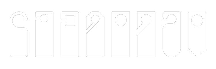 Hotel door label vector set with die cut tag icons for hanging on knob or handle. Cardboard flyer design template for room signs including do not disturb and welcome tag mockups